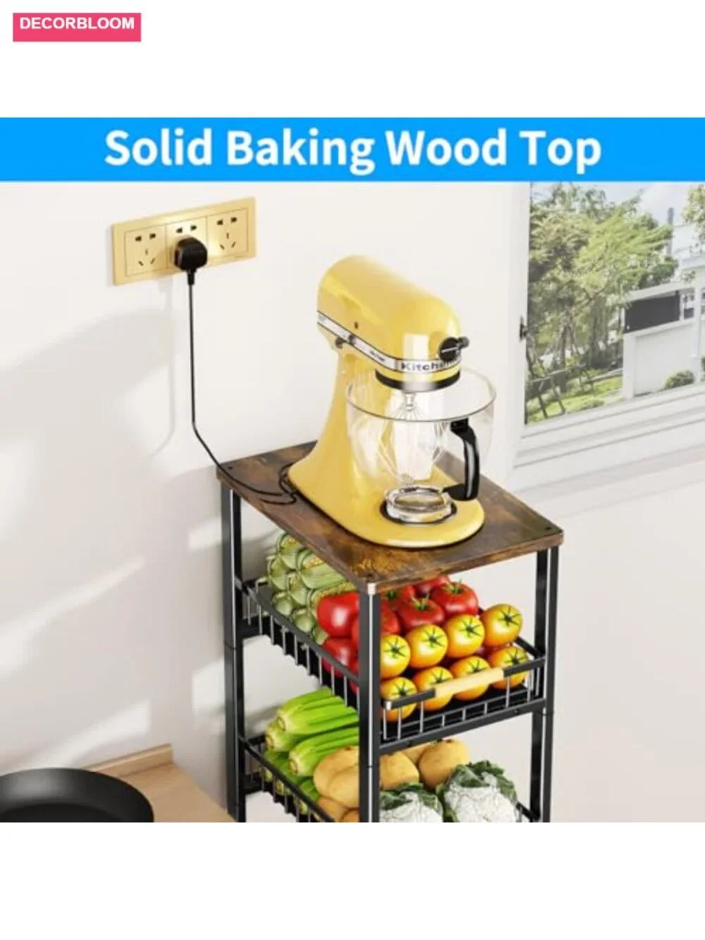 5-Tier Metal Wire Basket Cart Wood Top Pull-Out Baskets with Mats & Wheels